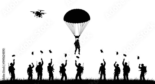 Military Drone Delivery to Soldiers Parachuting and Landing in Silhouette