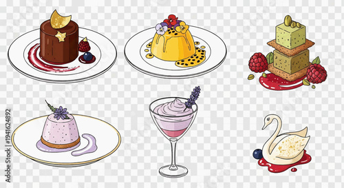A vibrant illustration of assorted desserts on plates and in a glass on a table