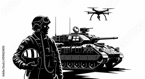 Military drone flies over tank and soldier, symbolizing modern warfare and technology integration.