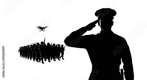 Military Drone Surveillance Over Marching Soldiers Silhouette, Modern Warfare Technology