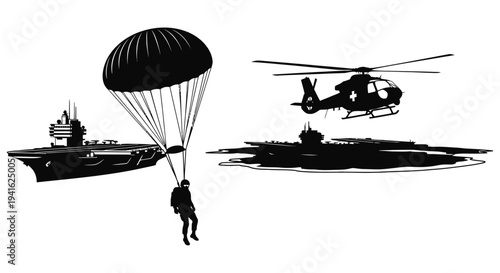 Military Helicopter and Parachutist Jumping from Aircraft Carrier