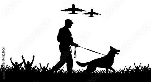 Military handler with working dog, airplanes and cheering crowd silhouette