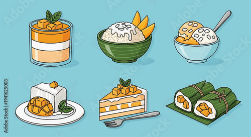 Various desserts are displayed on a blue background with mango