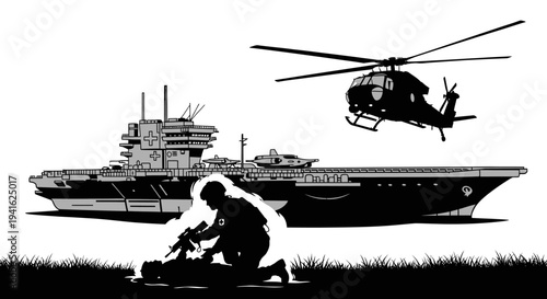 Military Helicopter Hovers Near Aircraft Carrier While Soldier Tends to Injured Comrade