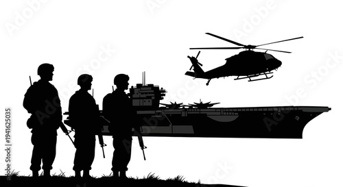 Military Helicopter Landing on Aircraft Carrier with Soldiers Silhouetted