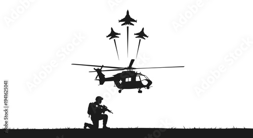 Military Helicopter, Fighter Jets, Soldier Kneeling with Rifle, Air Force, Combat, Action Scene