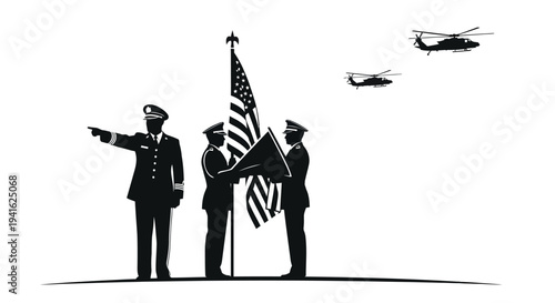 Military Honor Guard Raising American Flag with Helicopters Flying Overhead