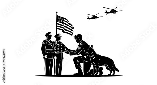Military Honor Guard Folds Flag with K9 Partner and Helicopters Overhead