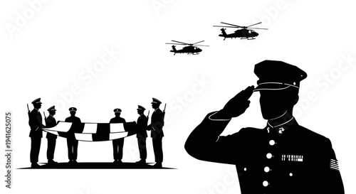 Military Honor Guard Salutes Flag Ceremony with Helicopters Flying Overhead