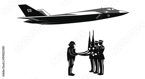 Military Honor Guard with Flag and Stealth Jet Flyover