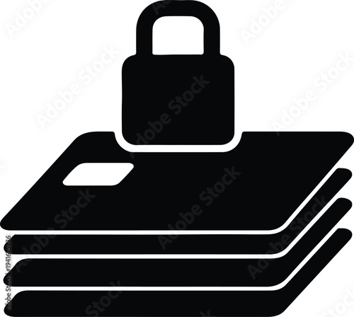 Vector credit card stack protected by a secure digital padlock silhouette design