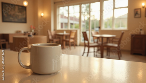 Wallpaper Mural White ceramic mug in realistic photography, cream and warm wooden tones, representing a peaceful cafe interior and morning break [with copy space] Torontodigital.ca