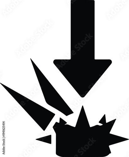Vector downward arrow impacting a solid surface with debris silhouette design