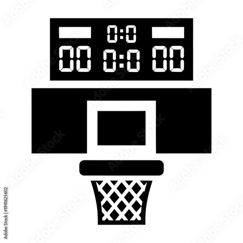 Basketball hoop and digital scoreboard icon for sports competition, minimalist black and white vector graphic