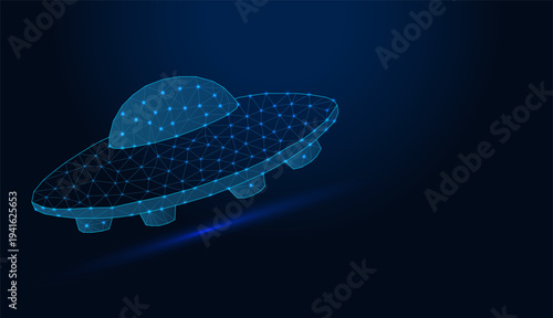 Low poly wireframe flying saucer ufo on dark blue background.