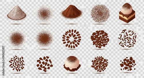 Assortment of rich brown cocoa powder textures, delicious chocolate sprinkles, and various sweet confectionery toppings perfect for baking, gourmet dessert decoration, and culinary design projects