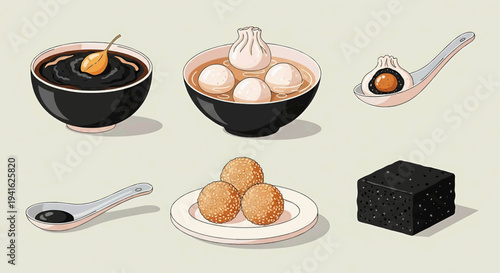 Assorted food items including dumplings, sauce, and spices arranged on a table, viewed from directly above in a digital illustration style
