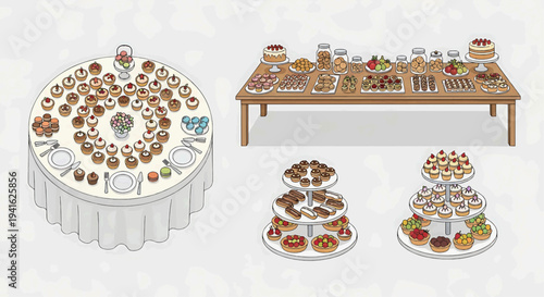 Assorted desserts displayed on multiple tiered stands and a long table in a celebratory setting viewed from above