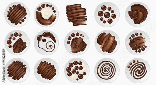 Assorted chocolate desserts and treats in circular dishes viewed from above