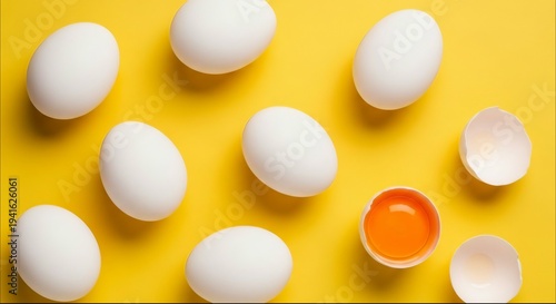 White chicken eggs and broken shell with yolk on yellow background