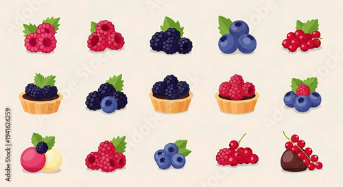 A vibrant arrangement of assorted berries and desserts on a table indoors