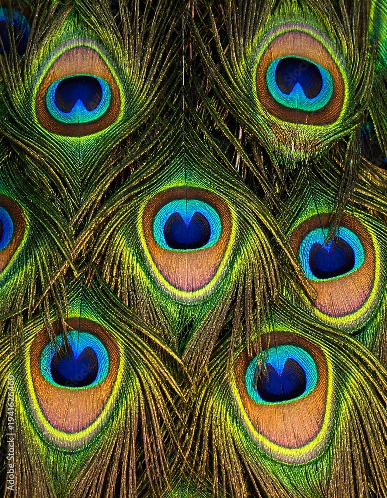 Fototapeta premium Iridescent peacock feathers with vibrant blue, green, and gold eyes, detailed texture