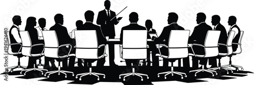 Black and white silhouette vector illustration of a corporate business executive leading a presentation for board members around a table.