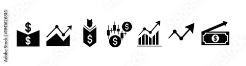 Financial investment and stock market growth icon set featuring rising charts, candlestick graphs, and dollar symbols.