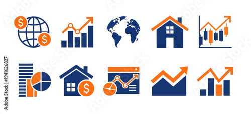 Real estate and global finance icon set featuring houses, growth charts, currency symbols, and world globes.