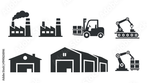 Heavy industry and warehouse storage icon set with factory buildings, automated robotic arms, and transport forklifts.