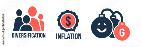 Economic concepts icon set illustrating diversification, inflation, and financial risk with people, gears, and bombs.