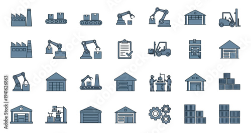 Flat design industrial logistics and manufacturing icon set featuring factory, warehouse, robotic arm, and forklift.