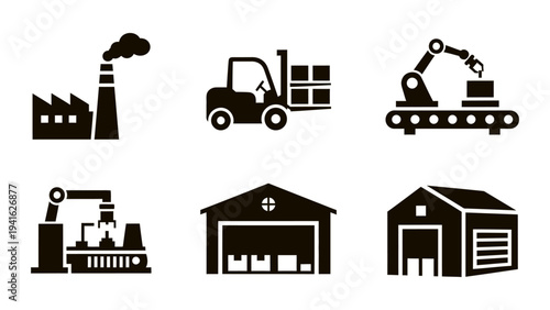 Silhouette industrial logistics icon set with factory warehouse robotic arm assembly line and forklift truck.