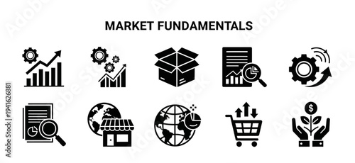 Market fundamentals business icon set including financial charts, global commerce, investment growth, and shopping cart.