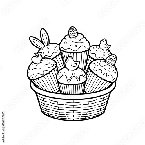 Easter-themed muffins in wicker basket decorated for spring, isolated, transparent background