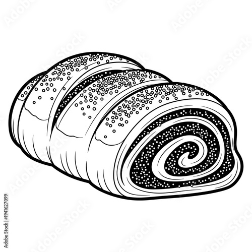 Poppy seed roll in black and white sketch style with detailed layers, isolated, transparent background  
