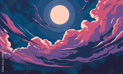 Vibrant moonlit night with stunning pink and purple clouds