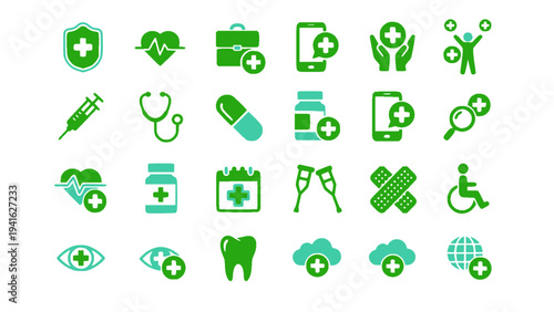 Simple healthcare icons including stethoscope, syringe, ambulance, pills, DNA, and hospital services.