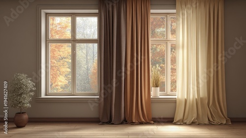 Autumn window interior with layered brown and beige curtains and potted plant concept for interior design background and poster