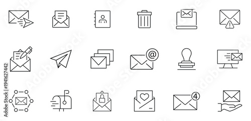 Collection of E-mail vector icon set. Containing  mailbox, letter, post office, mail, email, envelope and more. Set of mail envelope icon in linear style. Reply and forward mail .Vector illustration.