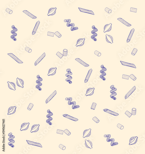Seamless pattern with different types of pasta: fusilli, penne, and conchiglie. Vector hand drawn pasta pattern. Vintage line art illustration. Outline food background. Hand drawn line art pasta 