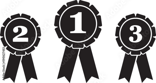 Set of black and white award ribbons with numbers 1 2 and 3 representing first second and third place isolated on white background