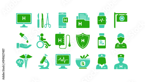 Flat healthcare icons including hospital building, wheelchair, doctor, shield protection, and medical monitor.