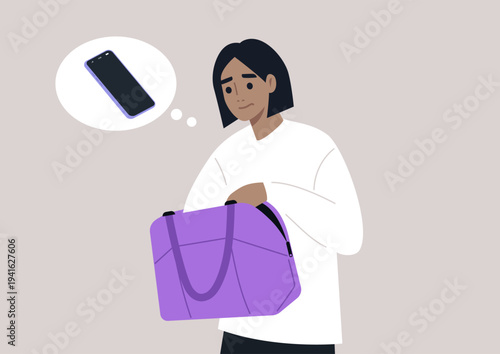 A person suddenly remembers a forgotten phone and hurriedly searches for it inside their bag.