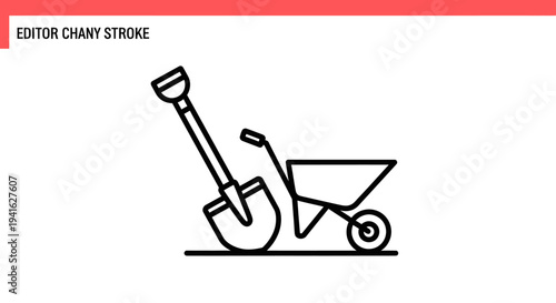 Simple Line Art Illustration of a Garden Shovel and Wheelbarrow.