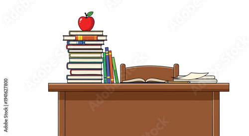 Vector illustration of a desk with books and an apple