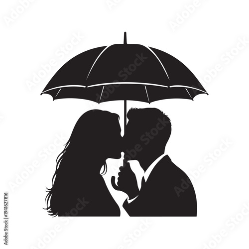 Couple kissing under umbrella silhouette vector