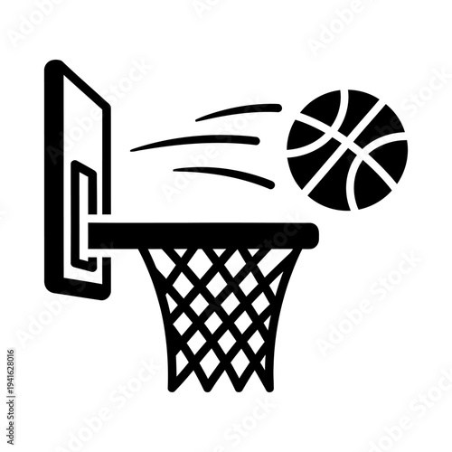 Basketball and hoop icon showing a ball flying into the net for sports and competition themes, black and white vector illustration