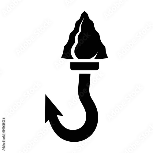 Mountain Peak and Fish Hook Icon Silhouette for Outdoor Adventure Logo Design