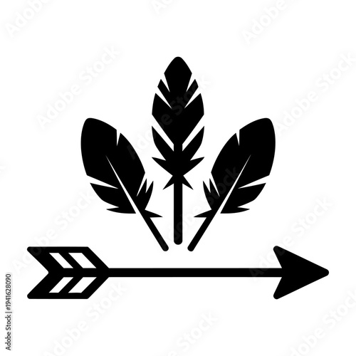 Tribal arrow and three feathers silhouette icon for ethnic or bohemian design